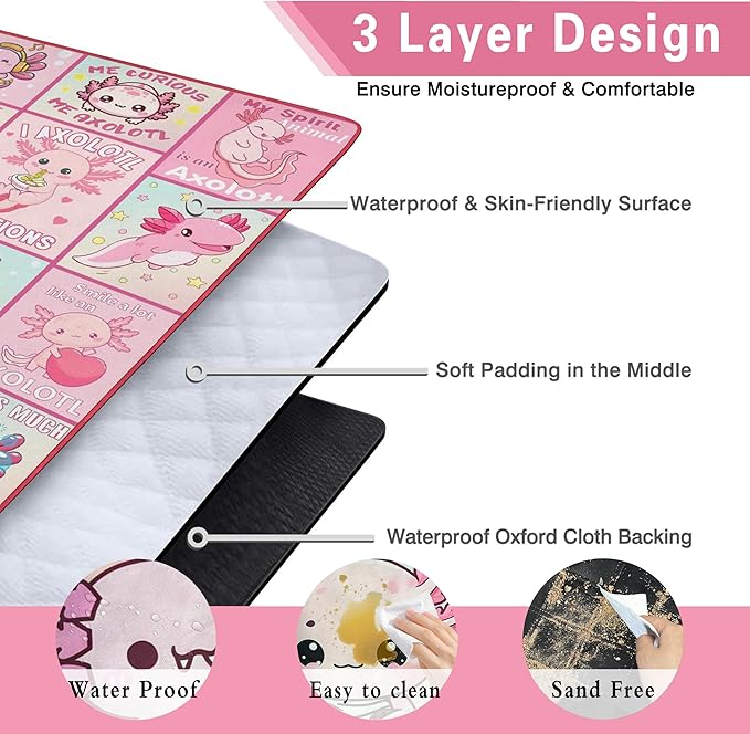 Extra Large Picnic Blankets Waterproof Foldable (80x 80) Axolotl Beach Blanket Waterproof Sandproof3-Layer Thicking Mat Outdoor Packable Camping Blanket