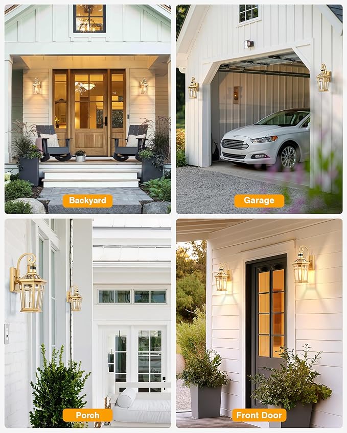 Motion Sensor Front Porch Light Gold Outdoor Light Fixture Wall Mount Outdoor Wall Lantern Sconce Light with Beveled Glass Waterproof Carriage Lights Exterior Coach Lights for Garage Patio