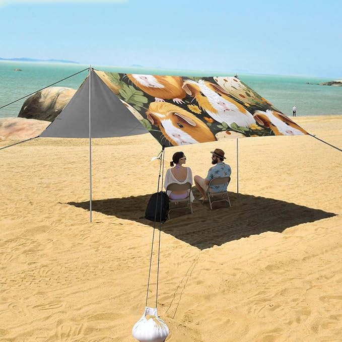 Cute Guinea Pig Beach Tent Sun Shelter 9.2' x 10.5' Beach Canopy with 4 Sandbags 4 Stability Poles Sand Shovels - Tent Canopy for Beach Camping Fishing Picnics