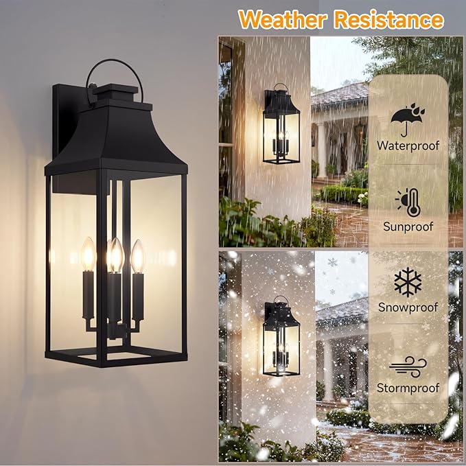 tewei 25'' Dusk to Dawn Outdoor Wall Light Large Black Outdoor Porch Light Waterproof Patio Lanterns Exterior Wall Mount Lighting Fixtures 4-Light Outside Garage Sconces for House Front 1-Pack
