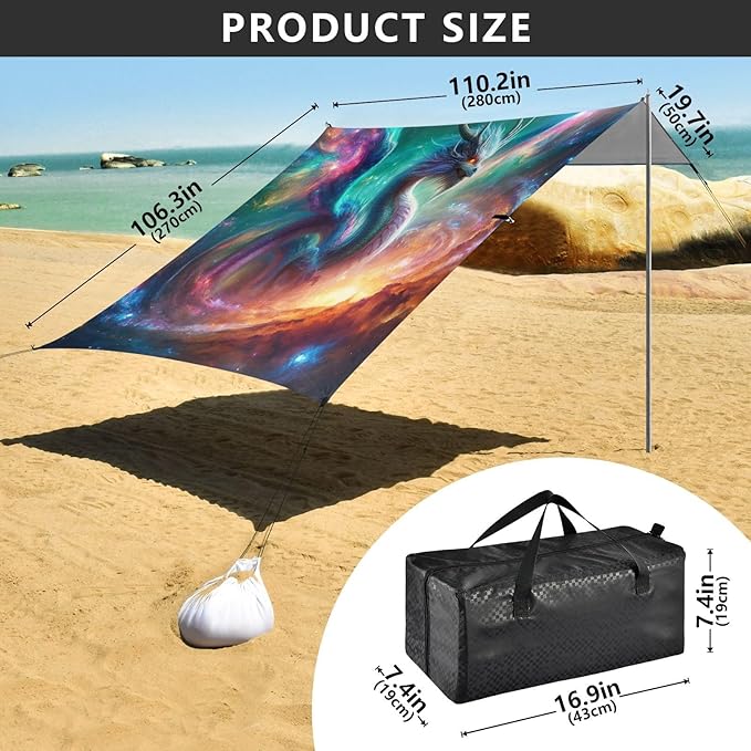 ALAZA Dragon Nebula Beach Tent Sun Shelter UPF50+ Protection Beach Shade Canopy w/ 4 Sandbags for Outdoor Camping Fishing Backyard Fun Picnic 10x9 ft