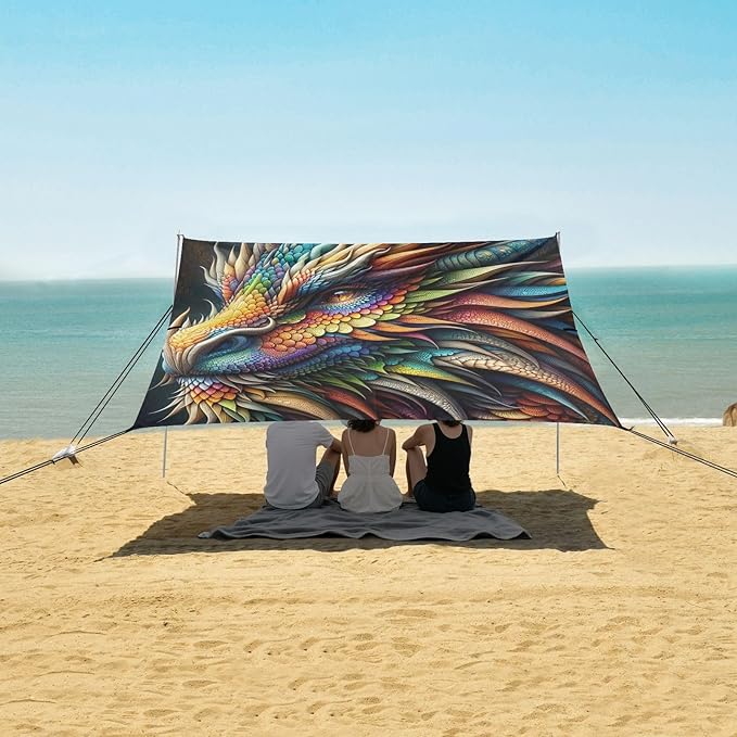ALAZA Rainbow Dragon Portrait Beach Tent Sun Shelter UPF50+ Protection Beach Shade Canopy w/ 4 Sandbags for Outdoor Camping Fishing Backyard Fun Picnic 10x9 ft