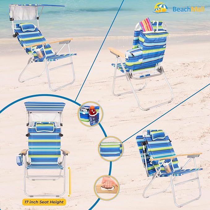 Heavy Duty Tall Beach Chair with Canopy Shade for Adults 17 High Off Ground 4-Position Reclining Insulated Cooler &amp Storage Pouch Bamboo-Finish Arms 300 lb Capacity