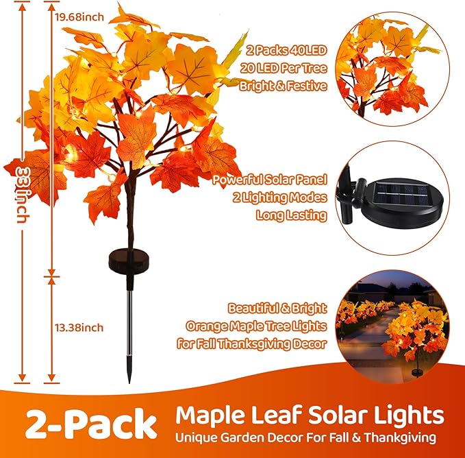 Solar Garden Lights Outdoor2Pack Artificial Solar Fall Lighted Maple Tree40LED With Maple Leaf Solar Stake Lights OutdoorThanksgiving GiftSolar fall lightsfor Yard PathwayThanksgiving Decoration