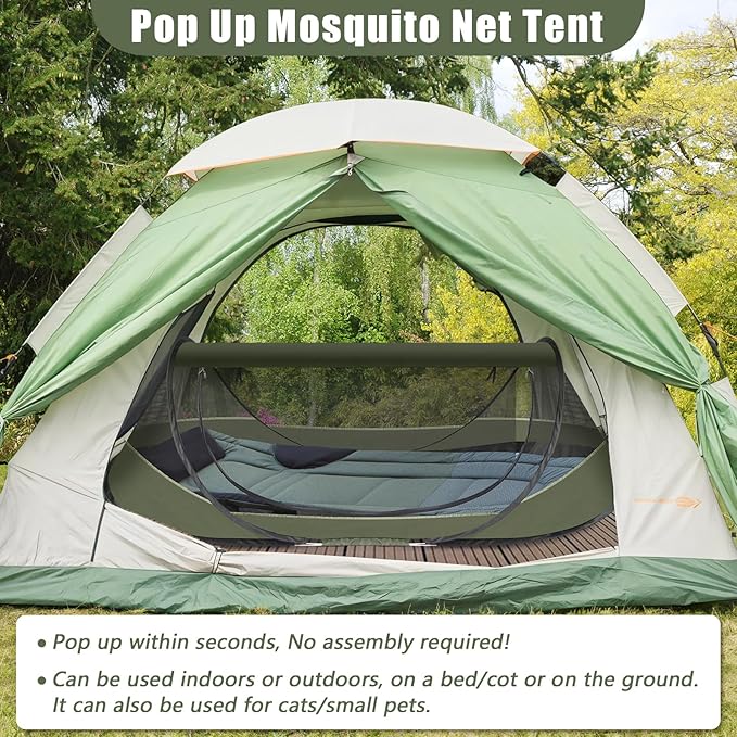 Pop-Up Mosquito Tent for Camping 1 Person Bug Net Cot Tent 3s Automatic Setup Screen Net for Adults &amp Kids Fits with Camping Cot Lightweight &amp Portable for Outdoor Hiking Traveling