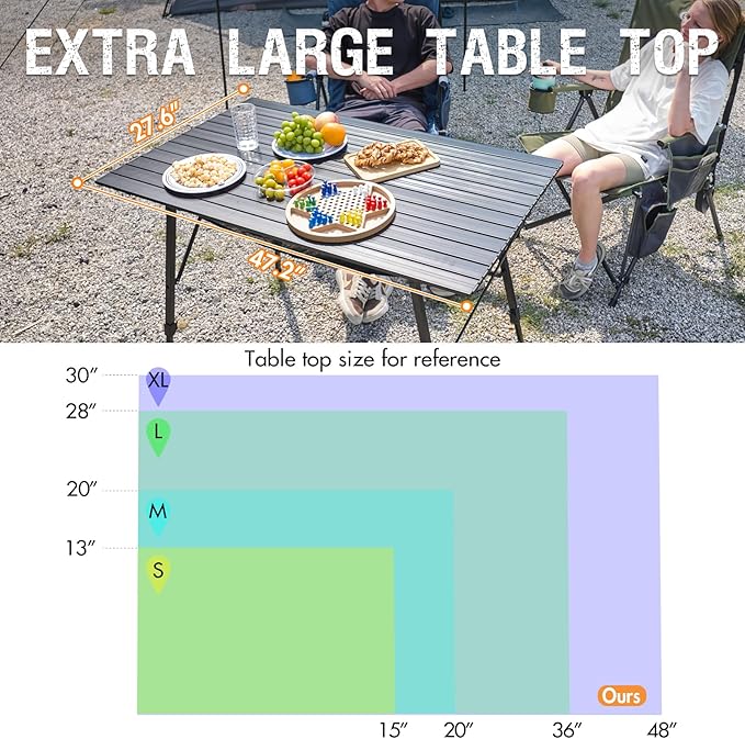PORTAL Camping Table Portable Foldable with Adjustable Legs Aluminum Folding Table Roll Up Table with Carrying Bag for Outdoor Beach Picnic Backyards BBQ and Party Black Big