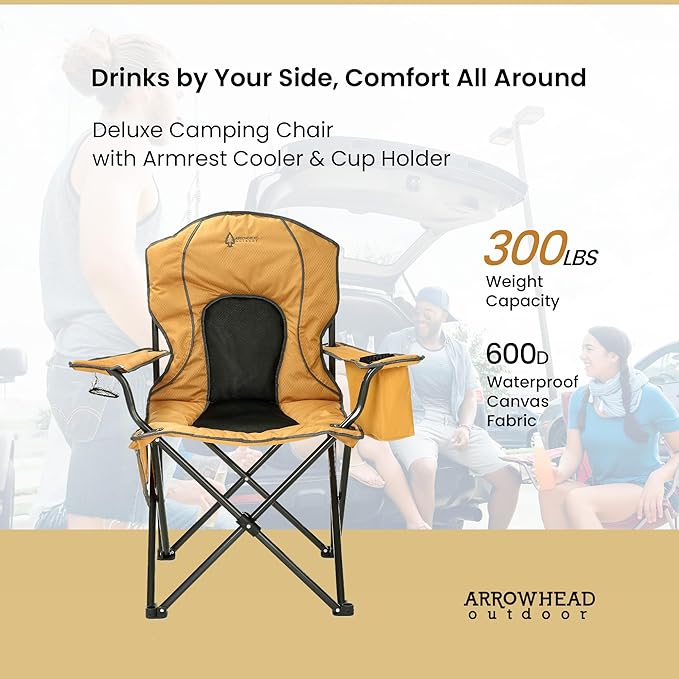 Arrowhead Outdoor Portable Folding Camping Quad Chair w/ 4-Can Cooler Cup-Holder Heavy-Duty Carrying Bag w/Easy Carry Shoulder Strap Padded Armrests Supports up to 330lbs USA-Based Support