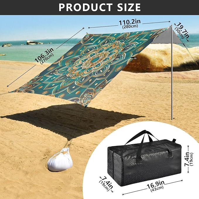 Turquoise Mandala Beach Tent Sun Shelter 9.2' x 10.5' Beach Canopy with 4 Sandbags 4 Stability Poles Sand Shovels - Tent Canopy for Beach Camping Fishing Picnics