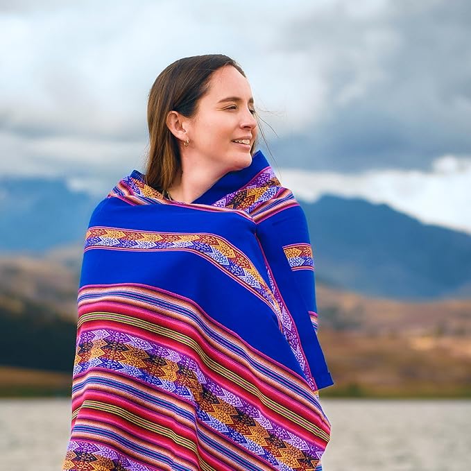 Lucio Fabrics Unique Native Peruvian Throw - Vibrant Colors Lightweight Durable - HomeYoga BeachCampingPicnicOutdoor Activities Thin Blanket 70'' x 47'' (Blue Mountain Loom)