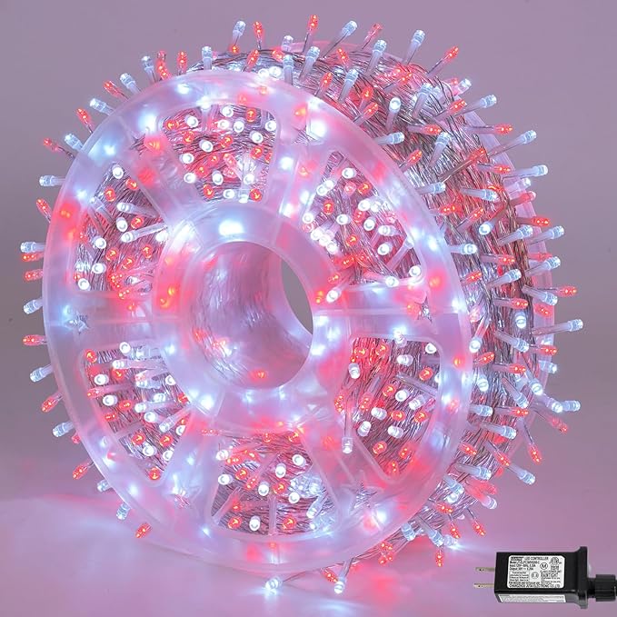 YEGUO 165ft 500 LED Red and White Christmas Lights Outdoor Waterproof Clear Wire String Lights Indoor Plug in 8 Modes Clear Wire Twinkle Tree Light for Xmas Party Garden