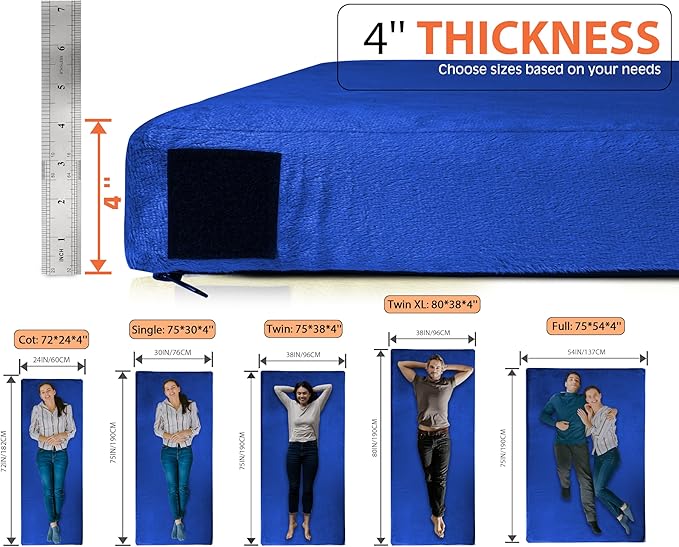 Extra Thick GAIALOOP 4 INCH Memory Foam Camping Mattress Roll Up Floor Sleeping Mat Camp Cot Mattress Pad Travel Camping Couch Bed for Guest Adults Side Sleepers