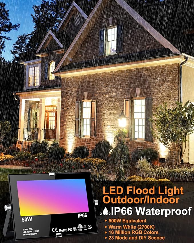 ChangM LED Flood Light Outdoor 500W EquivalentBluetooth RGB Flood Lights with APP Control DIY ScenesIP66 WaterprooofTimingWarm White 2700K Color Uplight