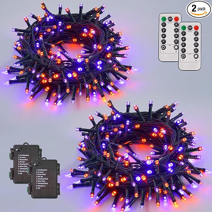 YEGUO Halloween Lights Battery Operated 2 Pack Each 33ft 100 LED Orange and Purple String Lights Outdoor Waterproof Green Wire Fairy Christmas Light Indoor with Remote