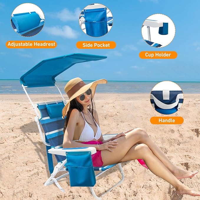 2 Pack Beach Chair with Canopy Shade 5 Positions Textilene Folding Reclining Beach Chair with Backpack Straps Cooler Bag &amp Cup Holder for Outdoor Lawn Camping