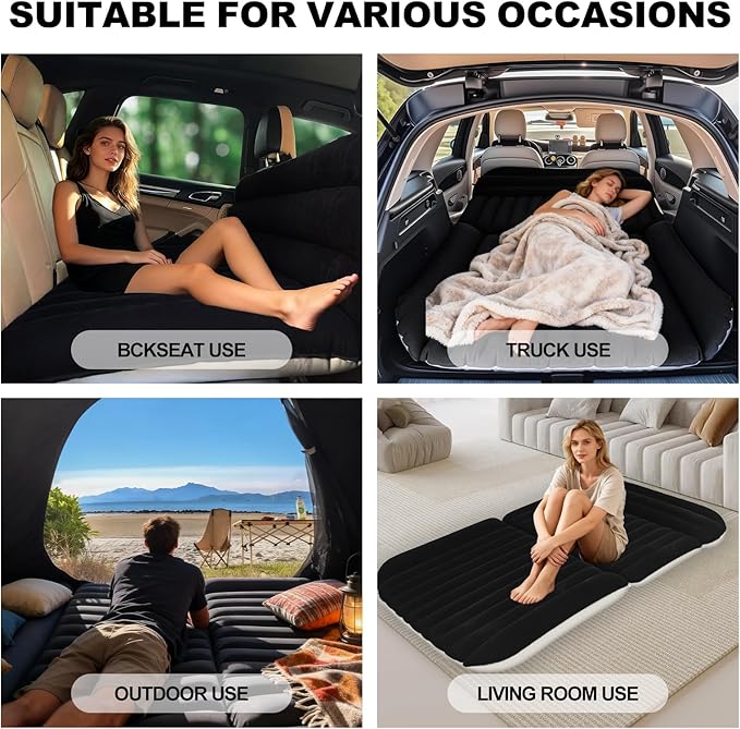 SUV Car Air Mattress – Inflatable Back Seat Bed with Electric Air Pump Portable Camping Travel Sleeping Pad Blow Up Car Bed (Black for SUV)