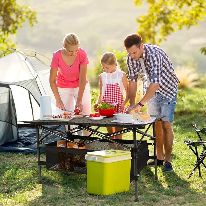 Folding Camping Table Portable Aluminum Roll-up Lightweight Picnic Table with Large Storage Basket and Carrying Bag for Camping Picnic BBQ Beach Party Backyard