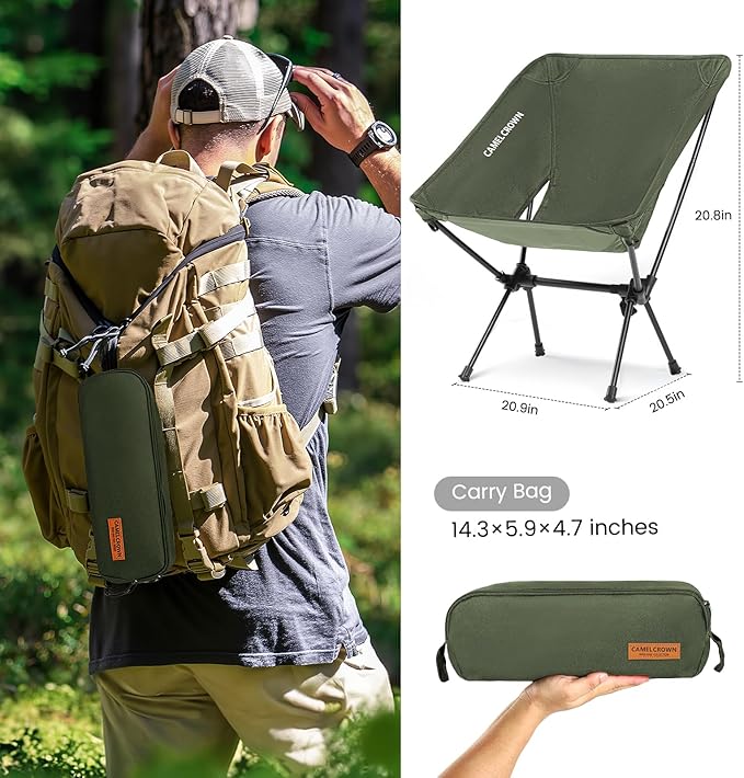 CAMEL CROWN Portable Camping Chair Folding Compact Lawn Lightweight Backpacking Chair with Carry Bag for Outdoor Hiking Beach Travel Picnic Festival Army Green