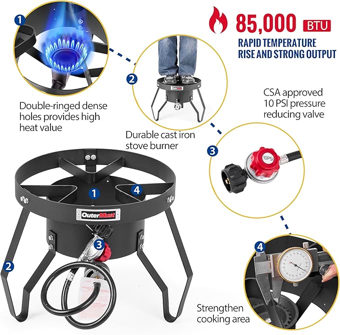 85000 BTU Camping Stove for Cast Iron Dutch OvenSingle Propane Burner with 10 PSI Regulator &amp Cast Iron Braided Holes Heavy Duty Round Gas Stove for Outdoor Cooking &amp Camping