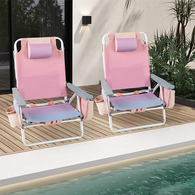 Backpack Beach Chair 5 Position Adjustable Camping Chairs with Head Pillow Cooler Bag Towel Bar Cup Holders Portable 2-Pack Folding Beach Chairs for Adults (Without Table Gradient Pink)