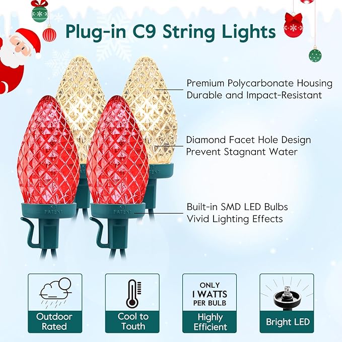 C9 LED Christmas String Lights 66 ft 100 LED Strawberry Roof Lights Commercial Grade Waterproof Extendable for Indoor Outdoor Roofline Home Xmas Decor Red and Warm White