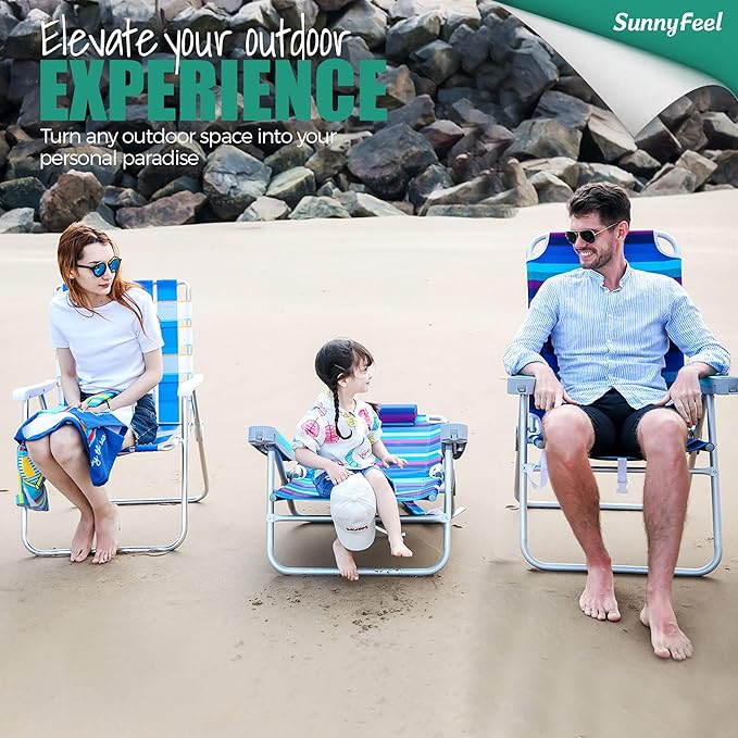 SUNNYFEEL Extra Wide Low Beach Chair 2 Pack 5 Position Lay XL Oversized Portable Folding Camping Chairs with Cup Holder for Outdoor/Sand Foldable Backpack Beach Chair for Adults Heavy Duty 500 LBS