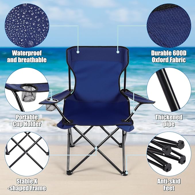 2 Sets Beach Chair with Umbrella Foldable Camping Chair Fold up Umbrella with Universal Clamp Large Portable for Outdoors Fishing Camping Hiking Travel Picnic Beach (Navy BlueGray)