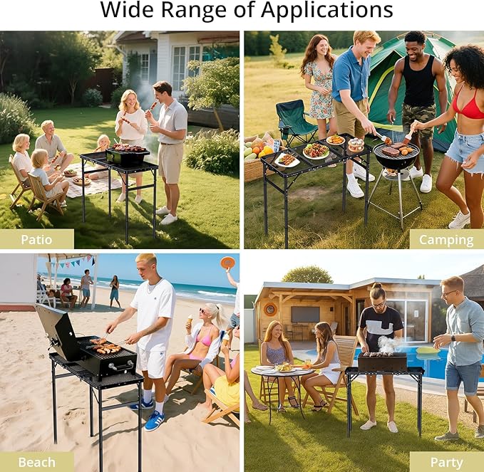 Anbte 3ft Tri-fold Grill Table 2 Adjustable Heights Max 29.5 Sturdy Metal Grill Table with Storage Bag Heat-Resistant Tabletop Portable Handle for Cooking BBQ Outdoor Travel 35 x 16 Black