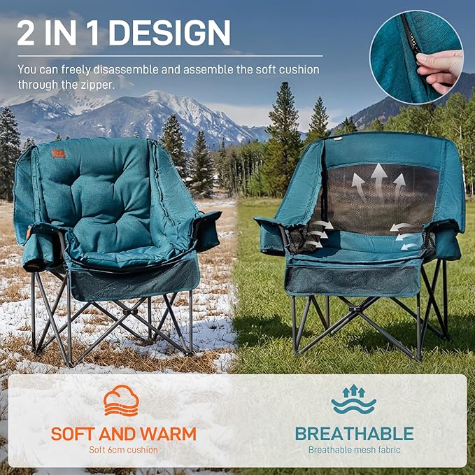 EVER ADVANCED XL Camping Chair with Detachable Cushion Mesh Chair for Adults Foldable Oversized Heavy Duty Folding Chair with Cooler Mesh Pocket Cupholder Outdoor Fishing Supports 400LBS Green