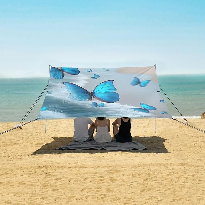 Bolaz Beach Canopy Tent Sun Shade9'×10.5' Large Family Beach Shade UPF50+- Outdoor Shade for Camping Trips FishingBlue Butterflies Beach