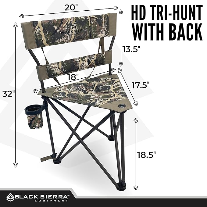 Black Sierra HD Tri-Hunt with Back Hunting Stool Foldable Tripod Seat w/Steel Frame Supports 300 Lbs Heavy Duty Fishing Chair Features Cup-Holder &amp Carry Shoulder Strap for Camping