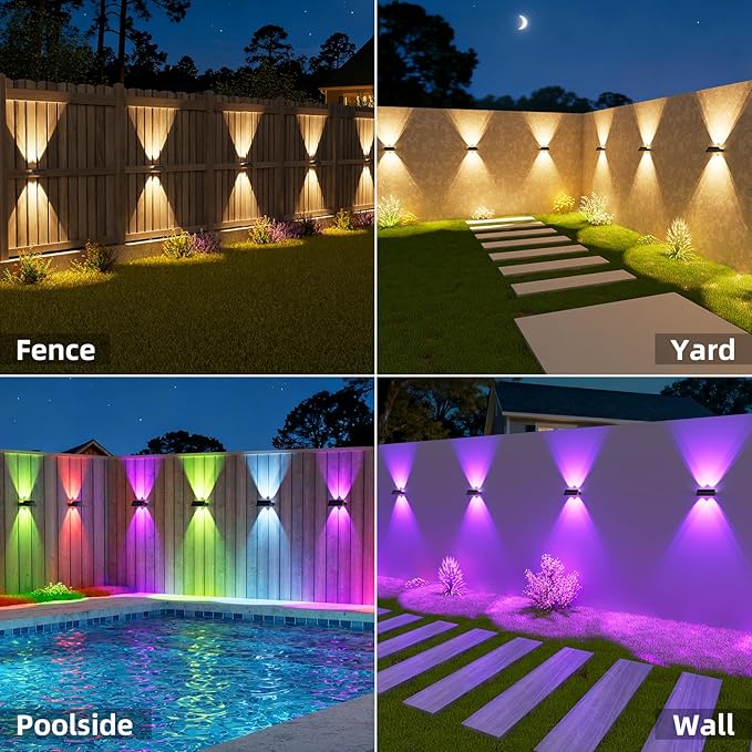 NIORSUN Solar Fence Lights Outdoor 6 Pack Up and Down Waterproof Solar Wall Lights Warm &amp Cool White + RGB Fence Lights with Lens Dusk to Dawn Lighting for Patio Backyard Pool Railing (Blac