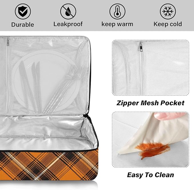 Casserole Carrier Orange and Brown Tartan Print Insulated Casserole Carrier for Hot or Cold Food Thermal Lunch Tote for Parties Picnic Travel Carry Bag