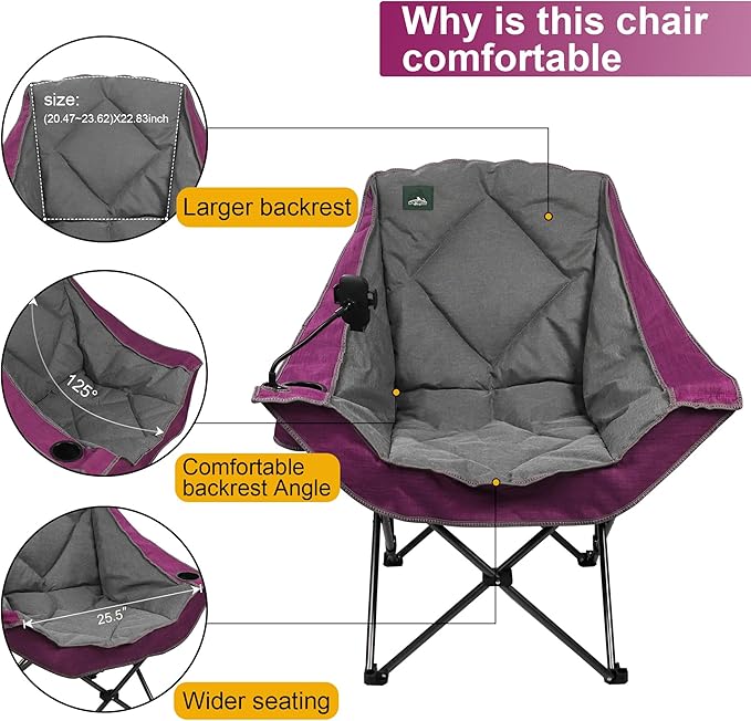 Northroad Oversized Foldable Camping Chair Outdoor Padded Lawn Chair w/Cup HolderCarry Bag for Beach Hiking and PicnicsHeavy-Duty 300-lbs Capacity Purple