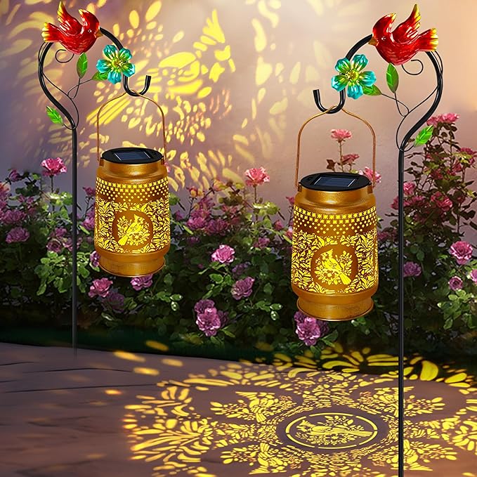 2 Pack Solar Lanterns Outdoor WaterproofHanging Metal Cardinal Garden Decor for OutsidePatioLandscapeWalkway Mothers Day Gifts for Women Mom Grandma