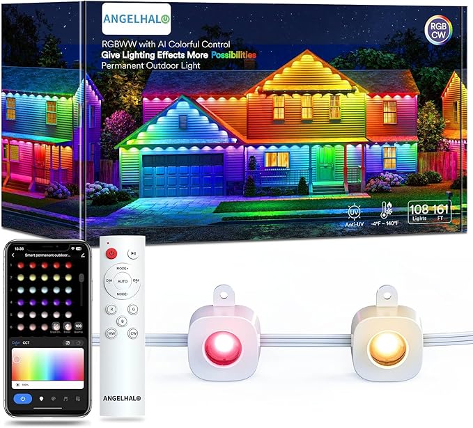 ANGELHALO Permanent Outdoor Lights 150ft Smart RGB Outdoor Lights with 108 LED Lights Cool/Warm Eaves Lights IP65 Waterproof for Outdoor Decor Garden Decor Compatible with Alexa Google Assistant