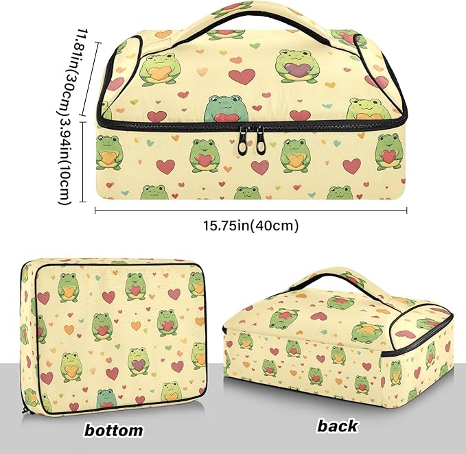 Casserole Carrier Green Frog Holding Colorful HeartsInsulated Casserole Carrier for Hot or Cold Food Thermal Lunch Tote for Potluck Parties Picnic Beach Fits 9 x 13 Inches Baking Dish