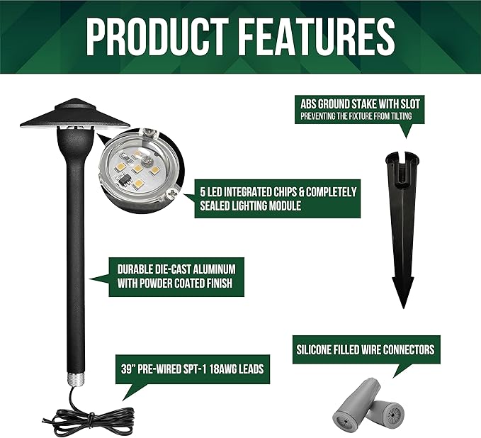 GKOLED 6-Pack Aluminum Pathway Lights Low Voltage LED Landscape Path Light 9-15V AC/DC Outdoor Walkway Lighting with 3W 3000K Integrated LED Chips for Yard Lawn Ground Stake Black