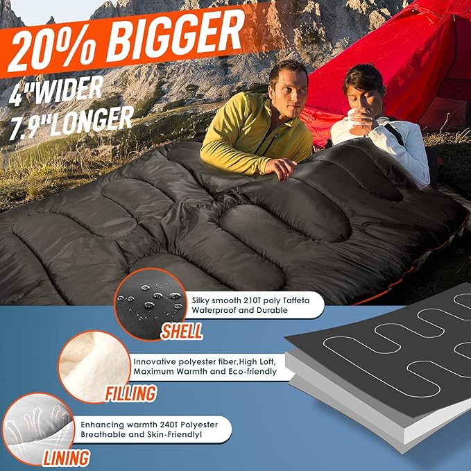 MEREZA Double Sleeping Bag for Adults Mens with Pillow XL Queen Size Two Person Sleeping Bag for All Season Camping Hiking Backpacking 2 Person Sleeping Bags for Cold Weather &amp Warm