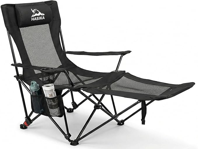 HASIKA Reclining Camping Chair with Footrest Ultra-Lightweight Portable Folding Lounge Chair for Outdoor Hiking Picnic Beach 4-Position Adjustable Back Support with Headrest &amp Carry Bag Black