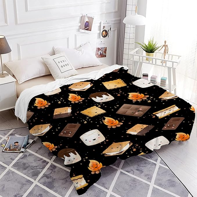 Cute S'Mores Blanket | Ultra Soft Marshmallow Cookie Throw Blanket Gifts for Boys Girls | Roasted Marshmallows Blanket Decor for Couch/Sofa/Travel/Camping All Seasons -50x60-Teens/Travel Size