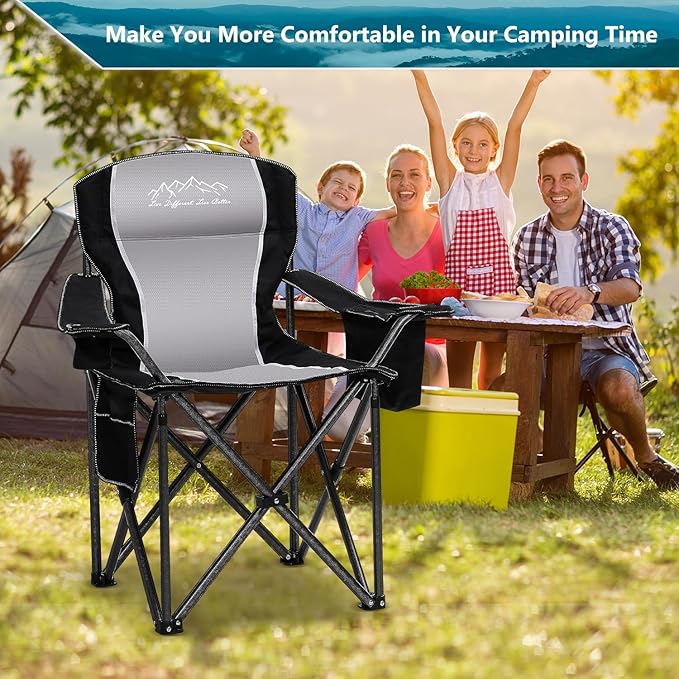Folding Camping Chair Heavy Duty Portable Lawn Chairs with Cooler Bag Side Pocket &amp Cup Holder Folding Chairs for Outside Support 450lbs Black