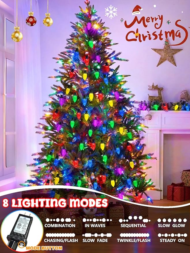 2-Pack Extentable C9 Christmas Lights Outdoor Indoor 66 FT 100 LED Christmas String Lights Plug in with 8 Modes &amp Timer Waterproof Fairy Twinkle Light for Xmas Tree Yard Decorations (Multi-Color