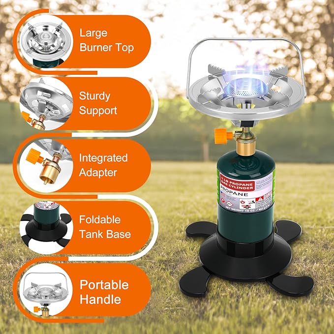 Camping Stove Propane Burner Portable Camp Stove with Foldable Gas Tank Base Adjustable Flame Backpacking Cooker for Camping Small Single Burner Propane Stoves Kit for Hiking Tent Outdoor Cooking