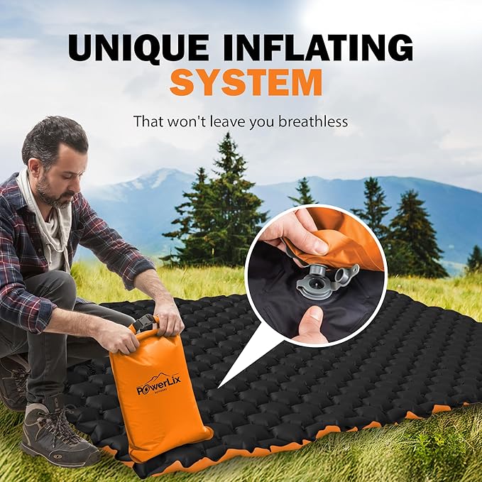 POWERLIX Double Inflatable Sleeping Pad - Camping Mattress for Backpacking Hiking Traveling Compact Camping Sleeping Mat for 2 Person Portable Ultralight Camping Pad Air Mattress Orange