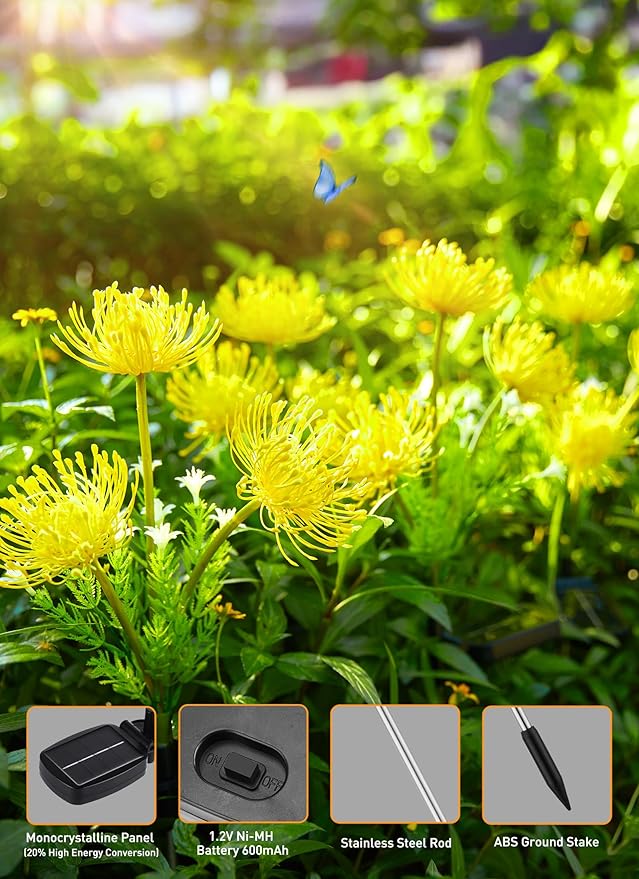 Brightown Outdoor Solar Garden Lights - 4 Pack LED Solar Flower Lights with Glowing Flowers &amp Stems More Realistic Bigger Solar Panel Waterproof Solar Lights for Outside Yard Patio Home Yellow
