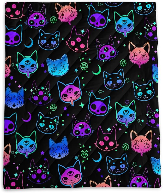 Axolotl Neon Cat Camping BlanketGhost Trippy Cat Packable Outdoor BlanketStar Moon Lightweight Warm Printed BlanketFunny Cat Halloween Waterproof Travel Blanket for CampingTravelStadiumHiking