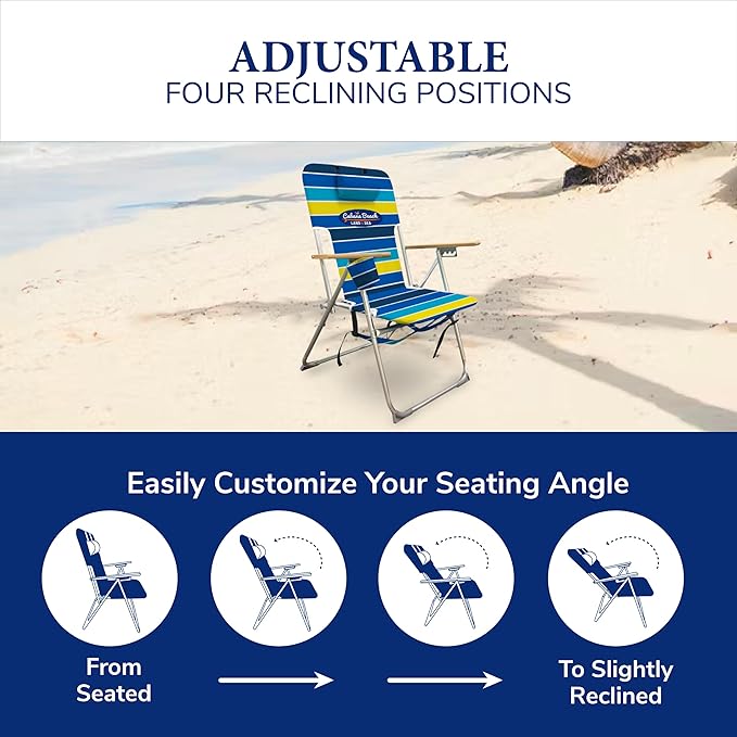 Cabana Beach Folding Beach Chair 4 Position Portable Backpack Foldable Camping Accessories with Headrest Cup Holder and Wooden Armrests Cool Bold Stripe