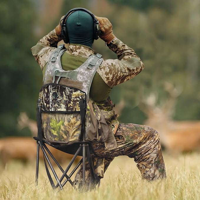 FLISSA Tripod Hunting Chair with Backrest Portable Hunting Stool Supports 250 LBS Foldable Camo Seat with Carry Strap for Hunting Hiking Fishing and Camping