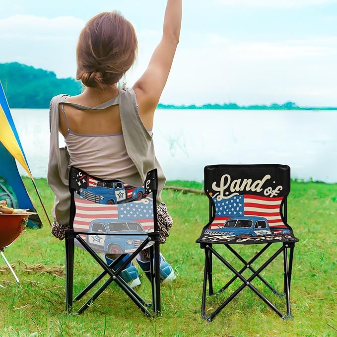 4th of July Independence Day Land of Free Blue Truck Compact Camping Chairs for Adults Lightweight Backpacking Chair Includes Carry Bag Lawn Chairs for Camp Traveling