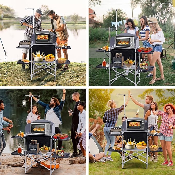Nice C Camping Kitchen Station Camping Table Picnic Table Grill Table Folding Table Upgrade Light Stand and Windshield Cooking Station &amp Organizers Carry Bag for Beach Picnic (Silver/Black)